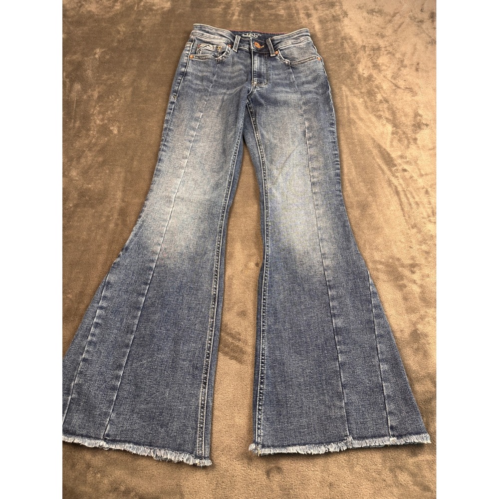Edgely High Rise Flare Jeans Blue Denim Front Seam Raw Hem Size 2 Short